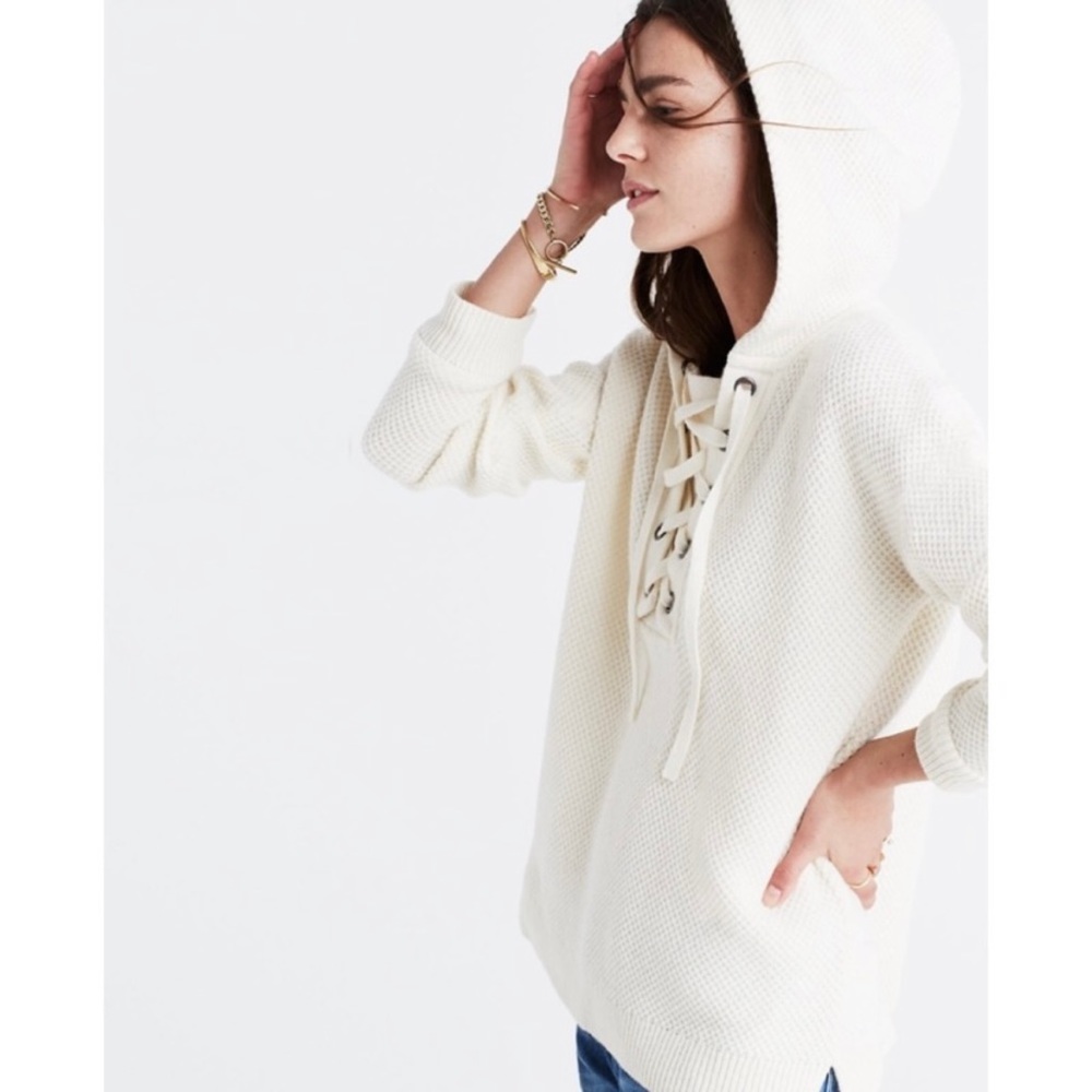 Madewell • Merino Wool Lace-Up Hoodie Sweater in Cream/Ivory, Size Medium